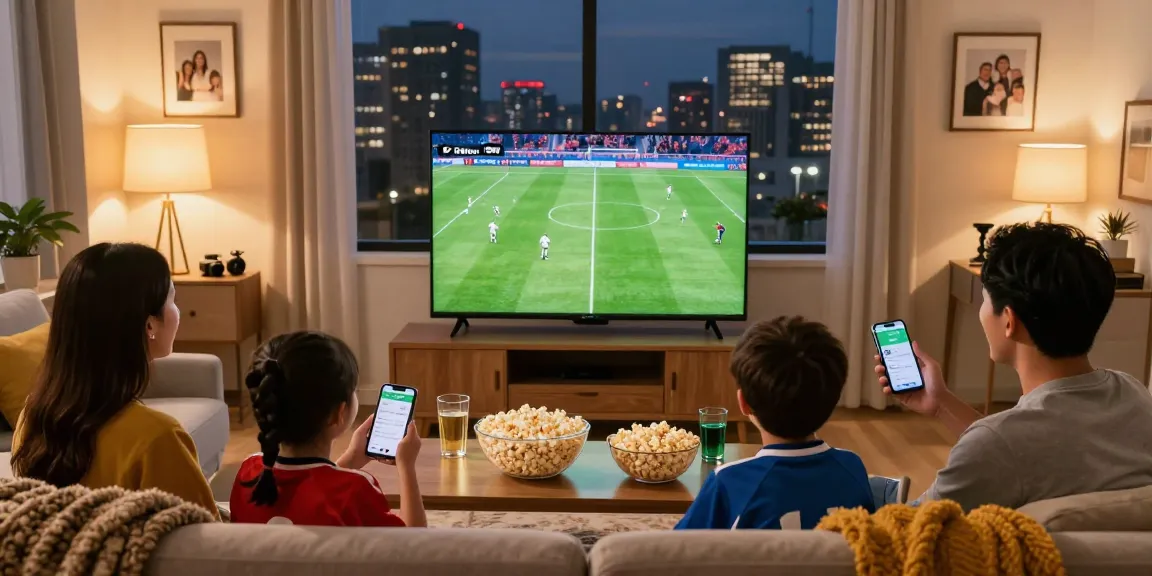 Family enjoying IPTV subscription UK while watching football together in their cozy living room.