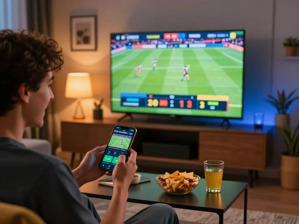 Person engaged in live sports betting on the hay88x app while watching a game at home.