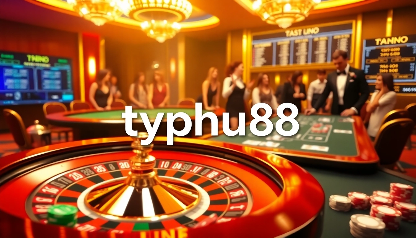 Excited players watching the roulette wheel at typhu88 casino, showcasing luxury and thrill.