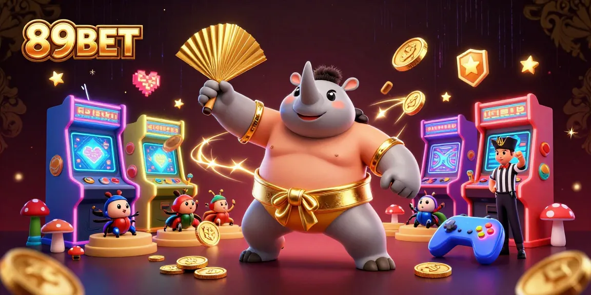 Experience the excitement of 89BET with a vibrant casino scene full of animated characters and gaming elements.