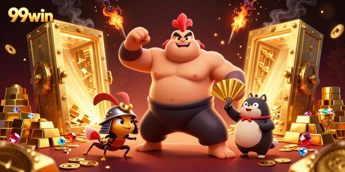 Experience the excitement of 99win in this vibrant casino illustration depicting dynamic characters and treasures.
