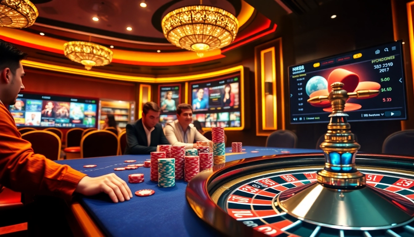 Engage in thrilling gameplay at NK88 with vibrant poker chips and a spinning roulette wheel.