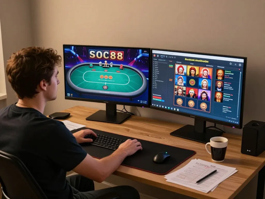 SOC88 online poker table in action with a player analyzing cards and strategies at their desk.