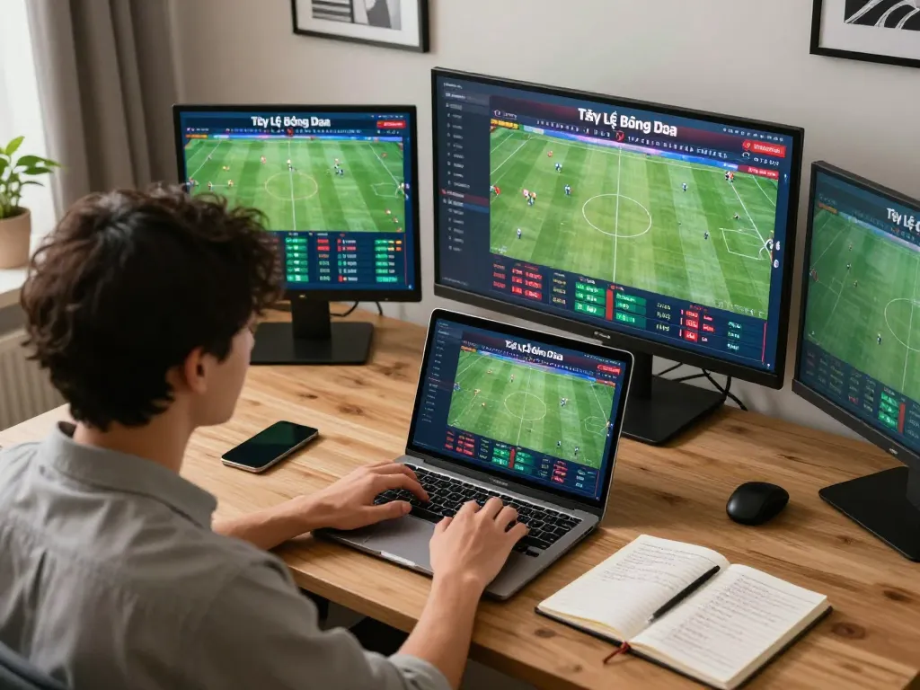 Tỷ Lệ Bóng Đá sports betting platform showing live updates on laptop in a stylish home office.