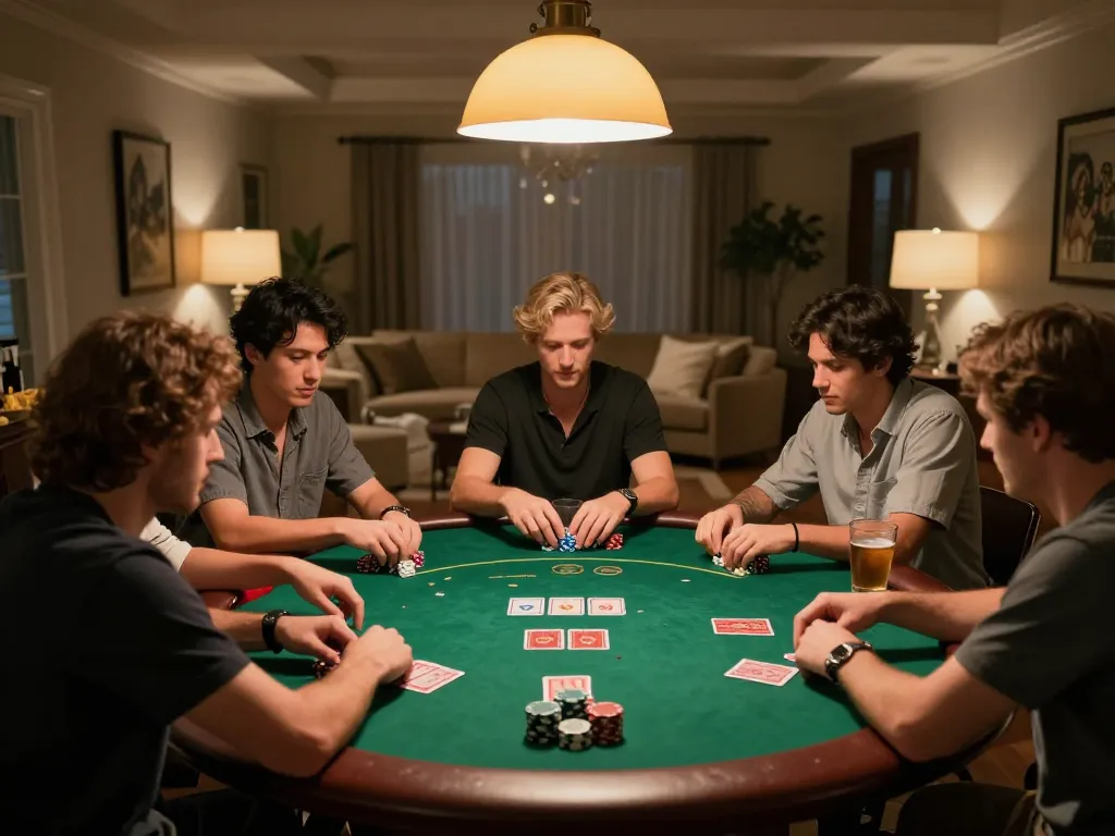 Players engaged in a lively home poker game using LV88 for betting strategies in a cozy setting.
