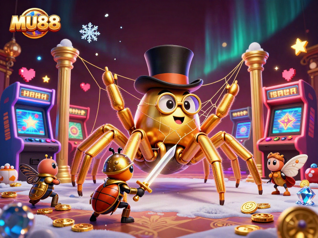 mu88 showcases a whimsical scene of a giant golden tarantula weaving golden thread in a vibrant casino setting.