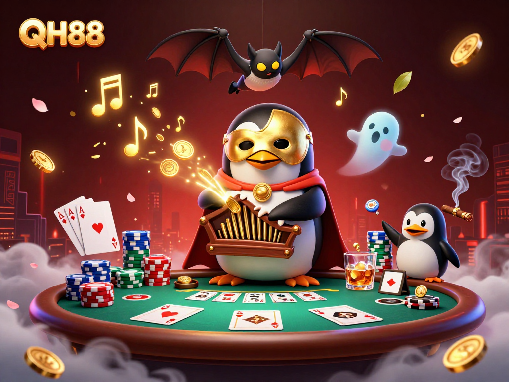 QH88 plunges into excitement as a penguin plays a pipe organ of coins amidst a lively casino scene.