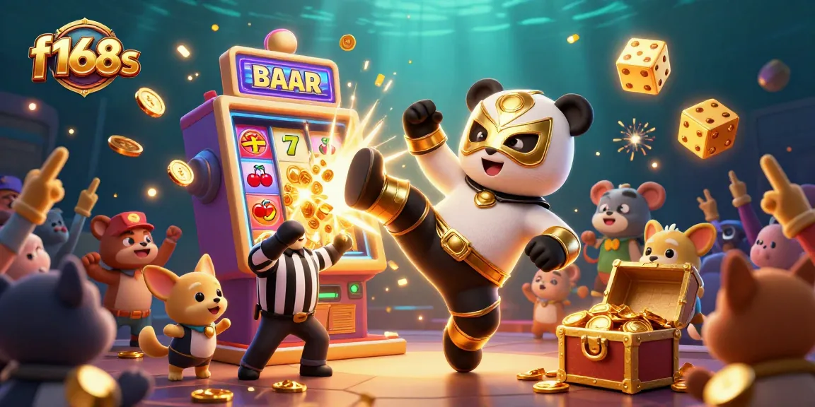 A dynamic scene featuring f168s with a cartoon panda in lucha mask kicking amid a slot machine jackpot, showcasing casino excitement.