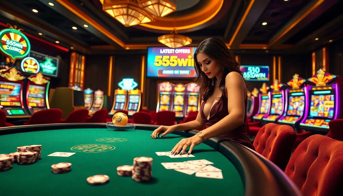 Exciting casino ambiance with 555win branding, featuring a poker table and vibrant slot machines.