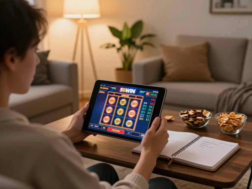 Engaging online gaming session on 56WIN with strategic notes and cozy atmosphere