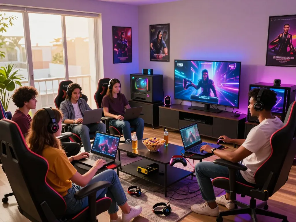 Engaged friends playing porn games in a vibrant gaming studio, colorful atmosphere with modern decor.