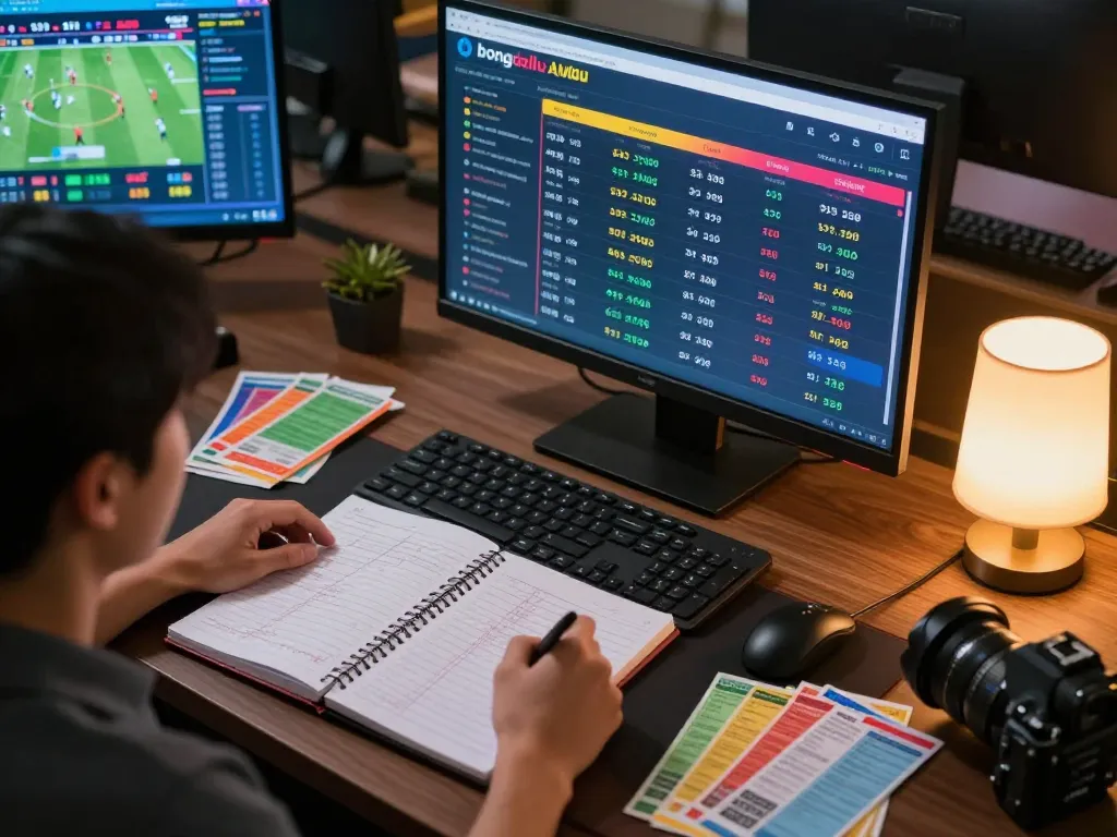 Bongdallu sports betting action with a user analyzing odds on multiple screens and notes, reflecting strategic betting.