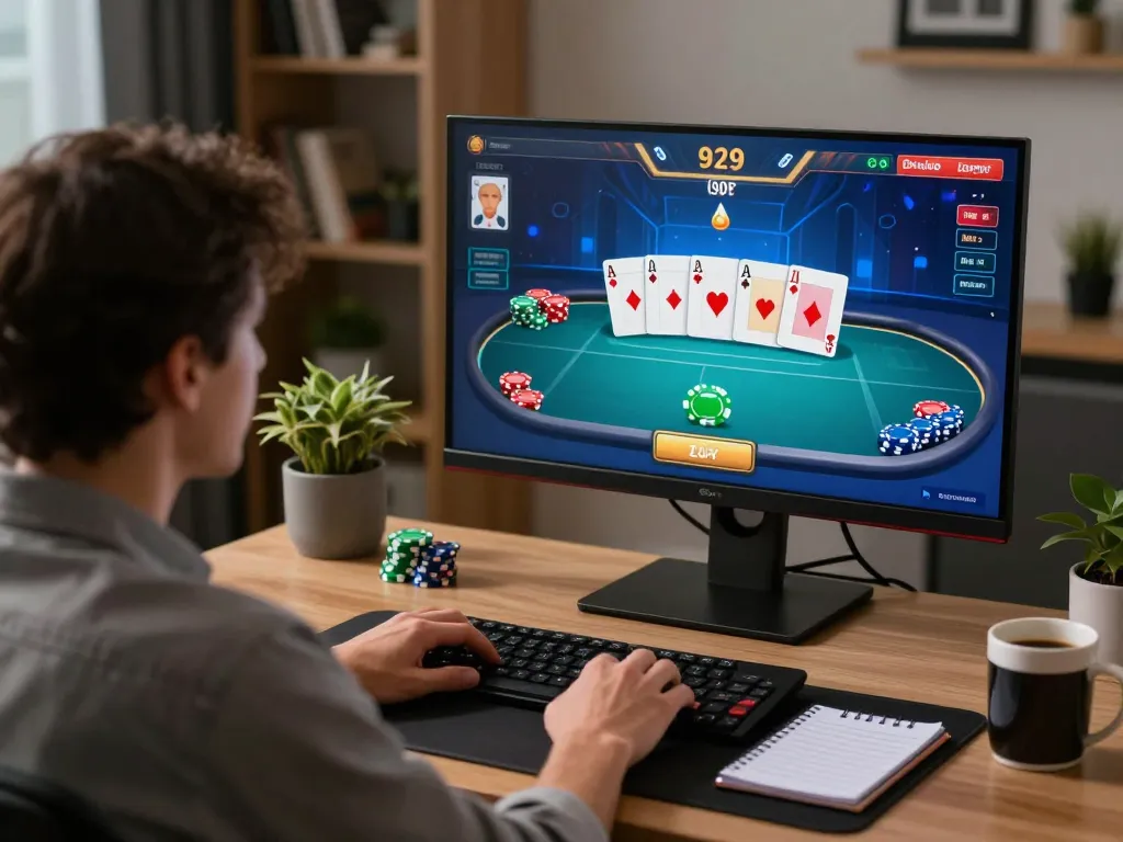 A player strategizing online poker at 92slot, showcasing an engaging poker interface and cozy home setup.