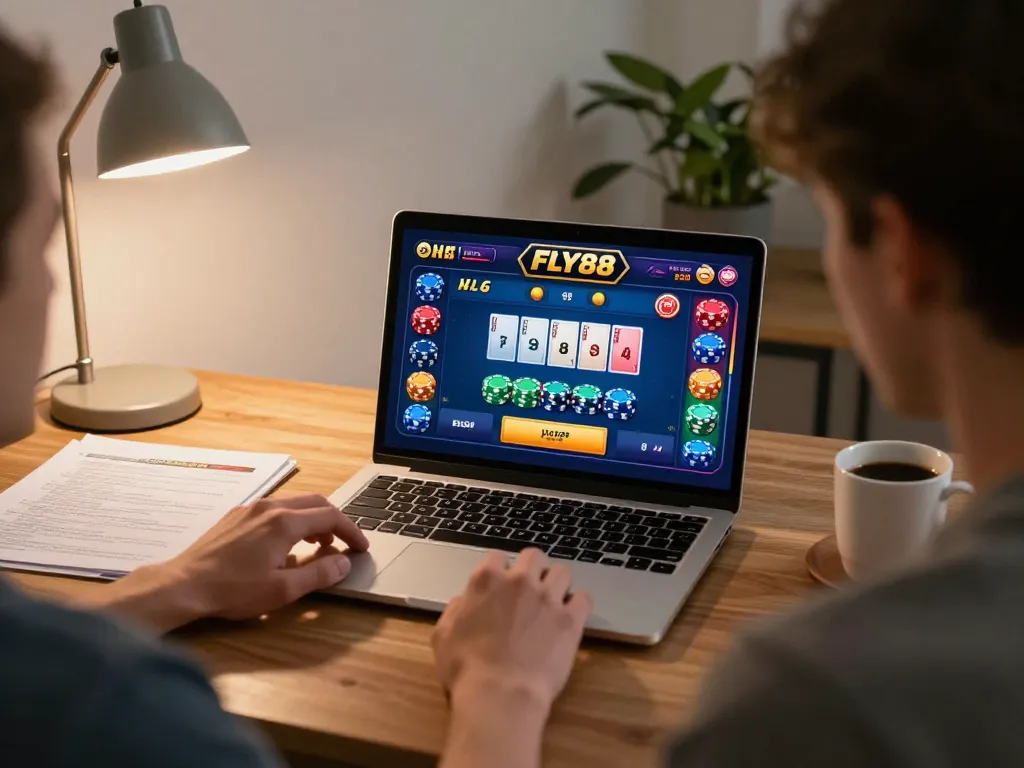 Player engaging with the exciting FLY88 blackjack game on laptop, showcasing strategy and gaming focus