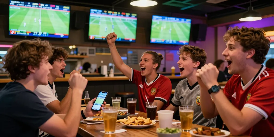 Friends celebrating sports betting with live odds on screens, highlighting ty le keo nha cai and the excitement of wagering in football.