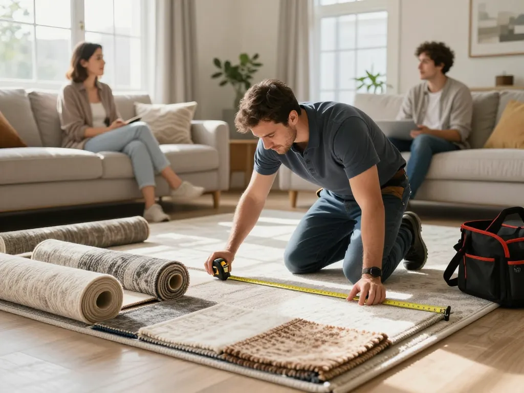 Carpet fitters near me discussing options in a bright living room with carpet samples.