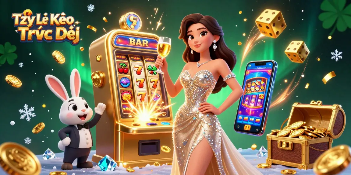 Engage in Tỷ Lệ Kèo Trực Tiếp with a glamorous woman celebrating beside a jackpot slot machine.