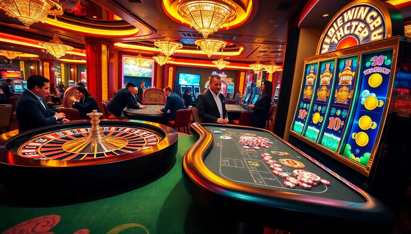 Exciting casino atmosphere at https://58win.cafe/, showcasing roulette, poker, and vibrant slot machines.