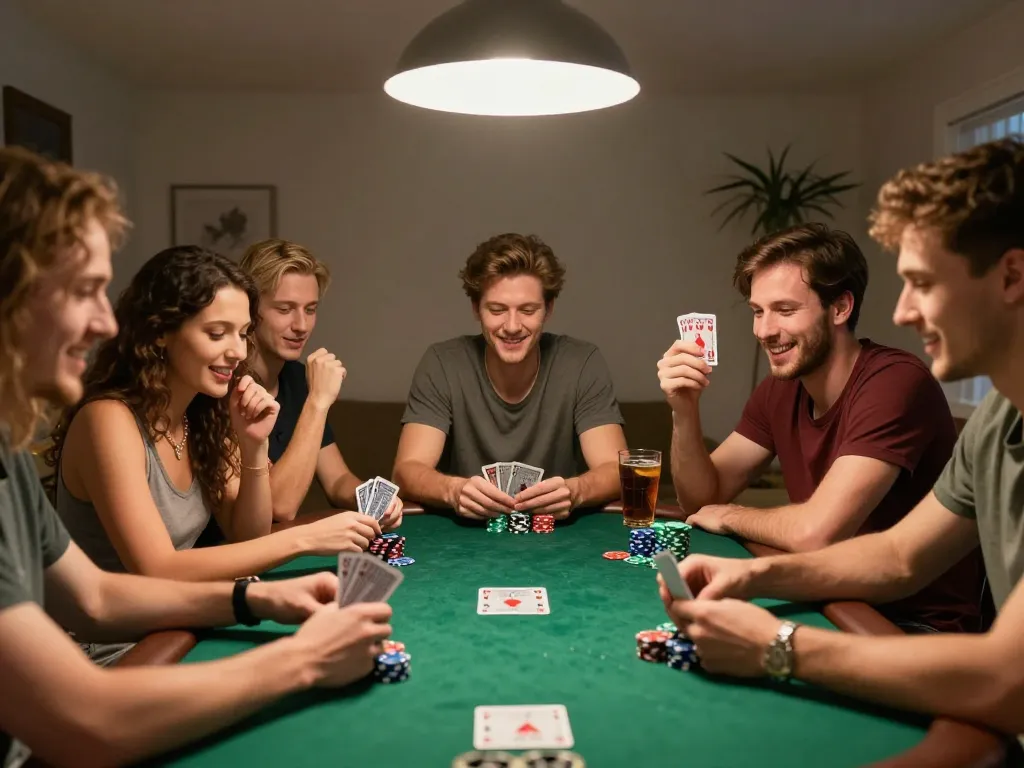 Friends enjoying a poker night at home with onbet 88 gaming strategies.