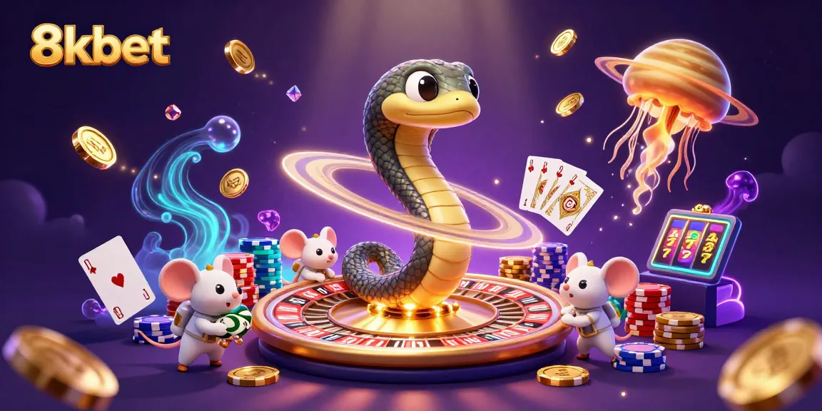 Experience thrilling bets with 8kbet amidst a cosmic casino scene featuring playful characters and dazzling elements.