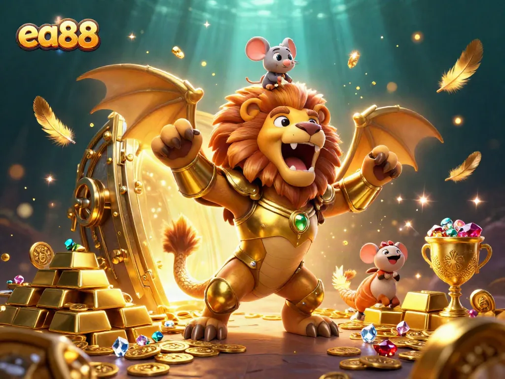 Experience thrilling gameplay at ea88 with a golden chimeric creature and jewels bursting from a treasure vault.