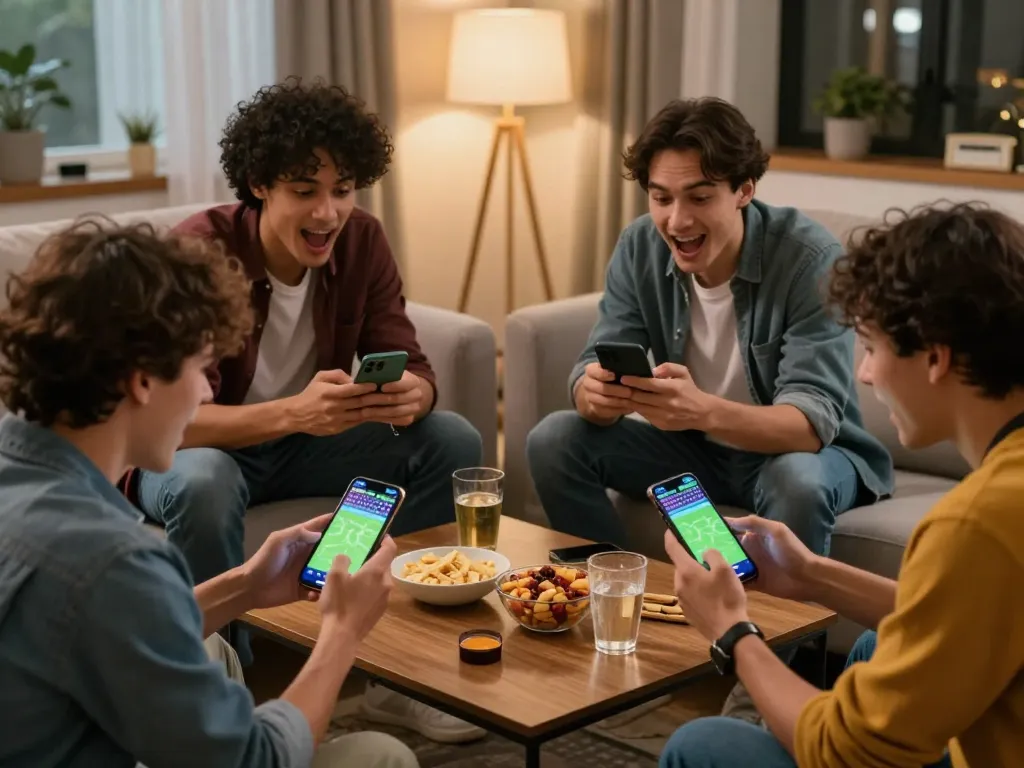 Friends engaged in sports betting using 888NOW on their smartphones during a home gathering.