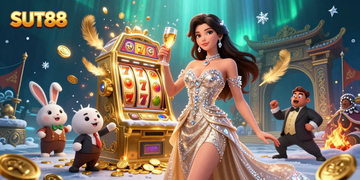 SUT88 celebrates big wins with a glamorous woman at a golden slot machine surrounded by coins