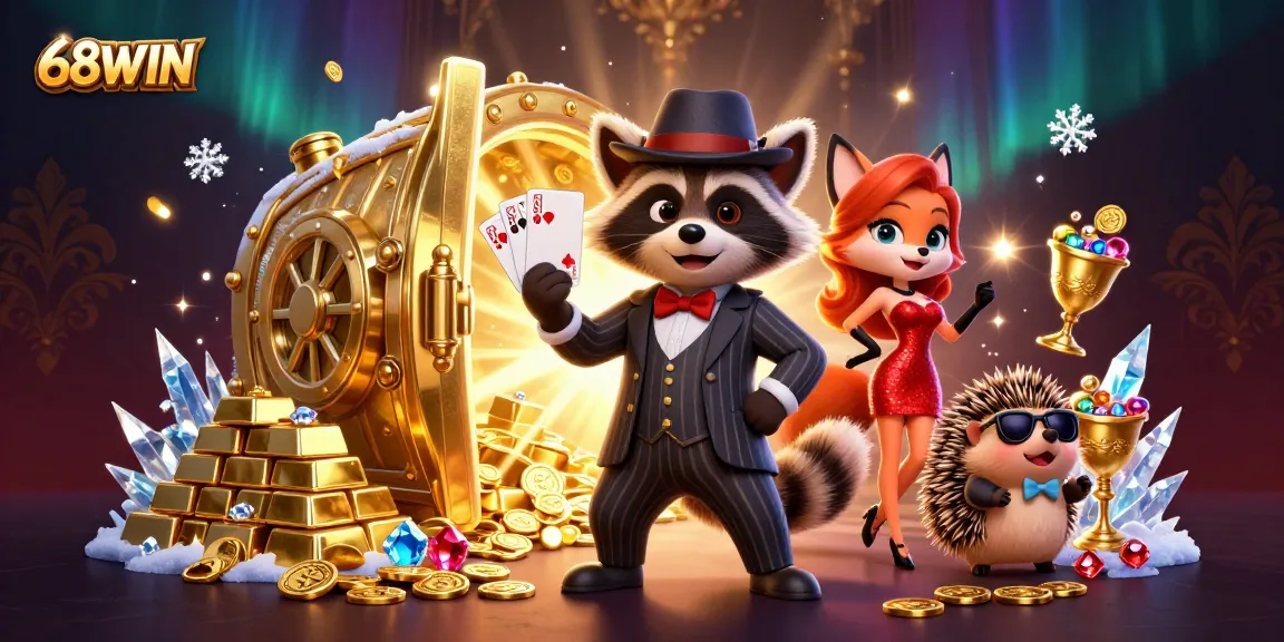 Experience the excitement of 68WIN with charming characters and dazzling casino elements in a vibrant scene.