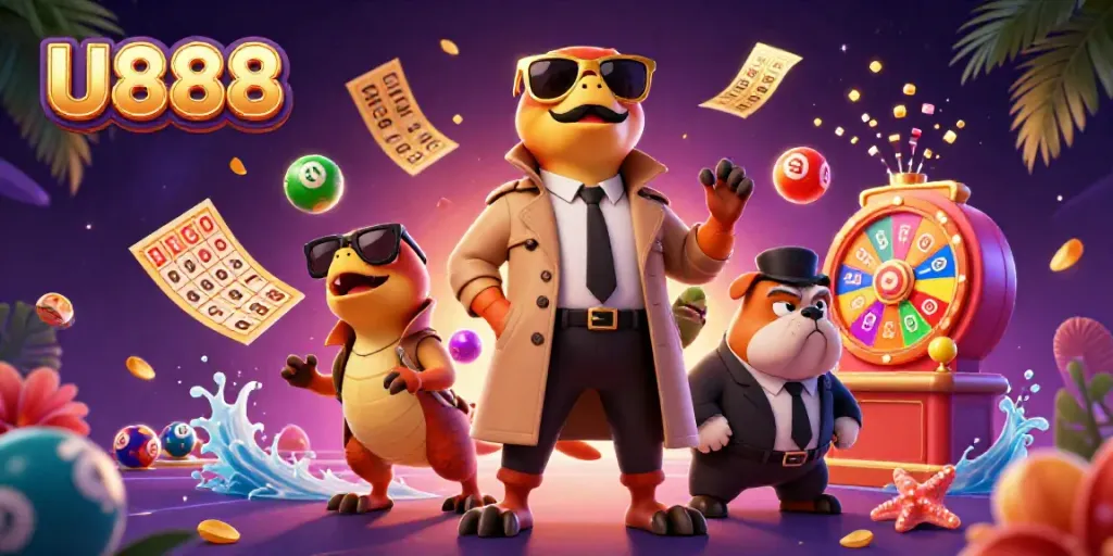 Experience the excitement of U888 with raptors in disguise entering a casino, surrounded by colorful lottery elements