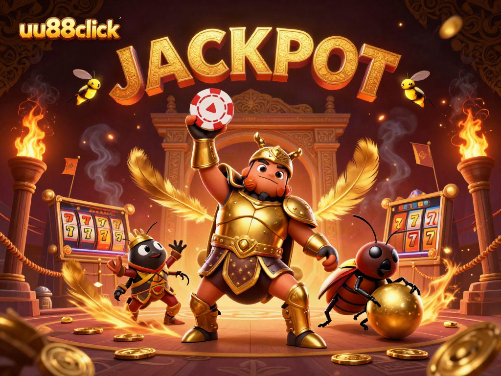 Engage with uu88click in a thrilling casino scene featuring a victorious beetle in gladiator armor.