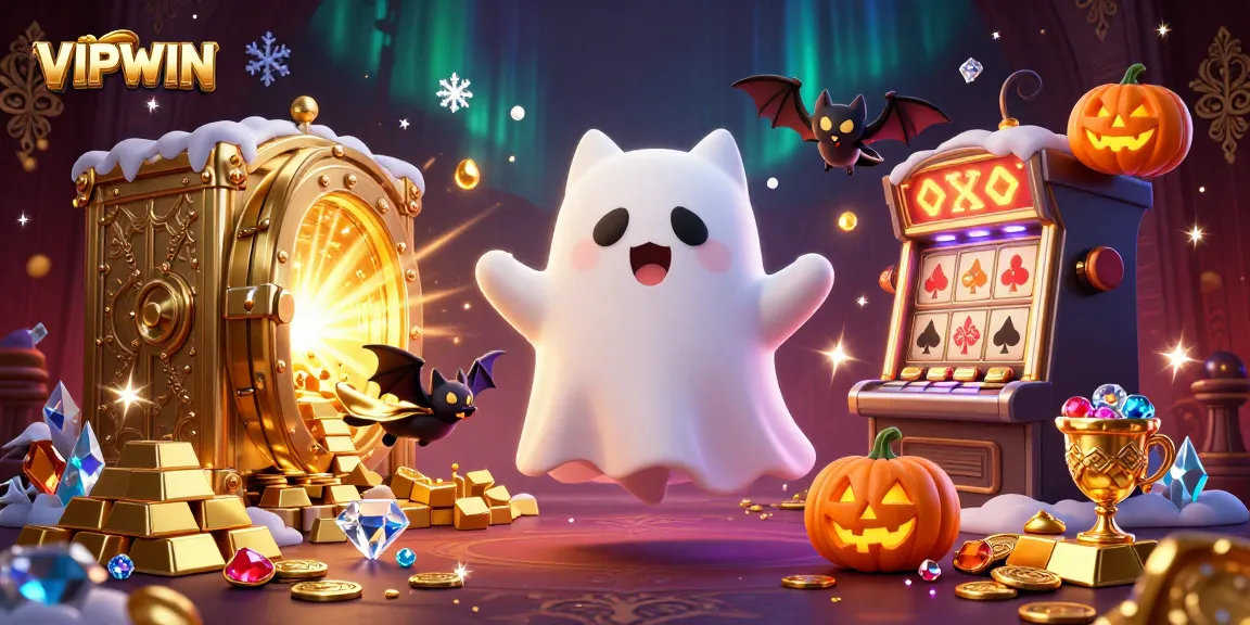 Play exciting casino games at VIPWIN with a ghost cat and vampire bat in a vibrant haunted setting.