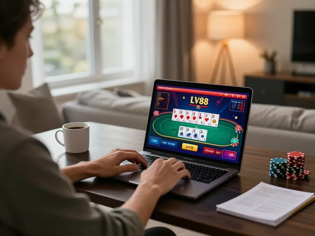 Player engaged in thrilling LV88 online casino action with vibrant game interface and cozy home setting.