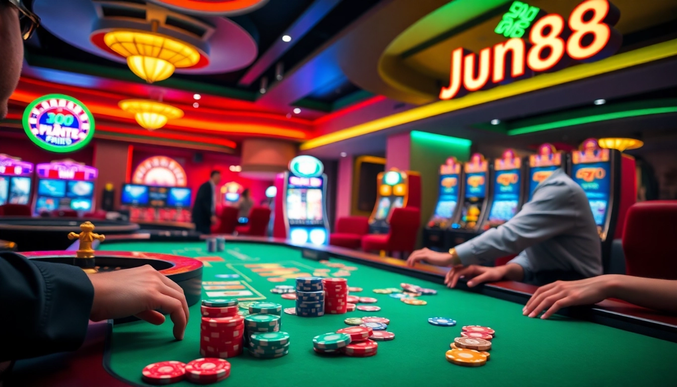Gambling excitement at Jun88 casino with vibrant poker chips and roulette wheel.