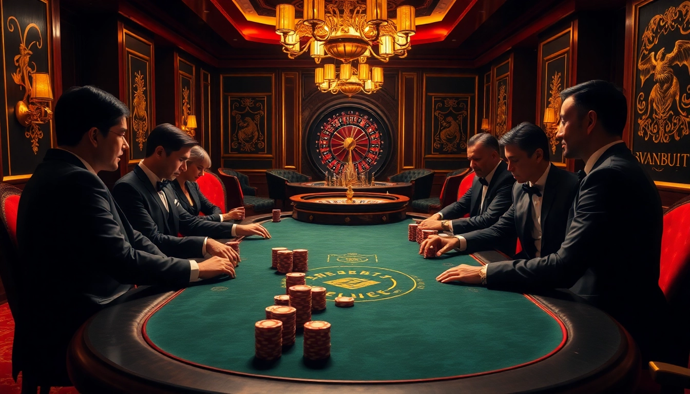 Players strategize at a high-stakes poker table, embodying the thrill of chotruyen in an elegant casino setting.