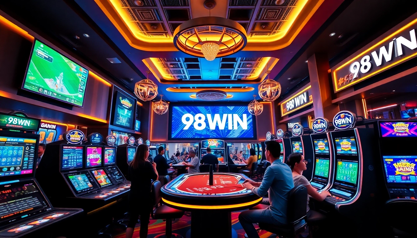 Exciting gaming environment at 98WIN, showcasing live dealer tables and vibrant slot machines.