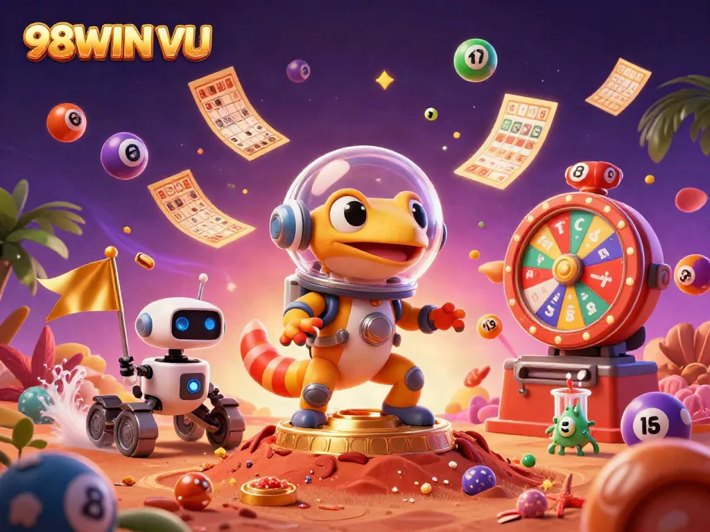 Experience the exciting world of 98WIN VU with Martian characters discovering a golden casino in Mars' sandy terrain.