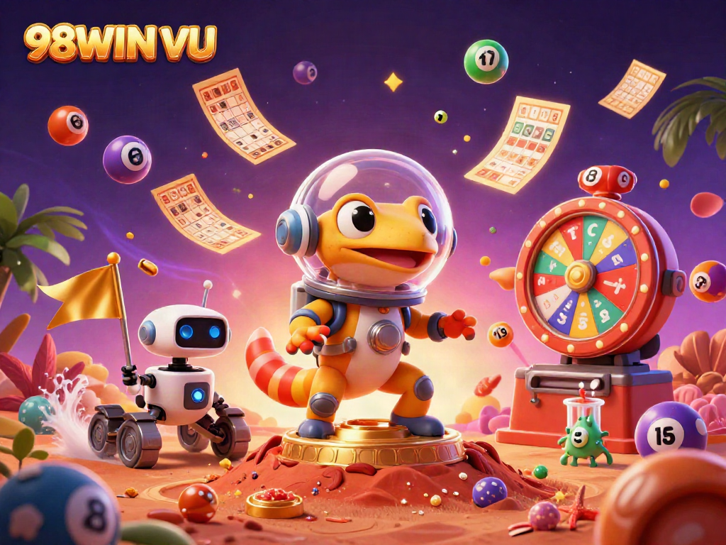 Experience the exciting world of 98WIN VU with Martian characters discovering a golden casino in Mars' sandy terrain.