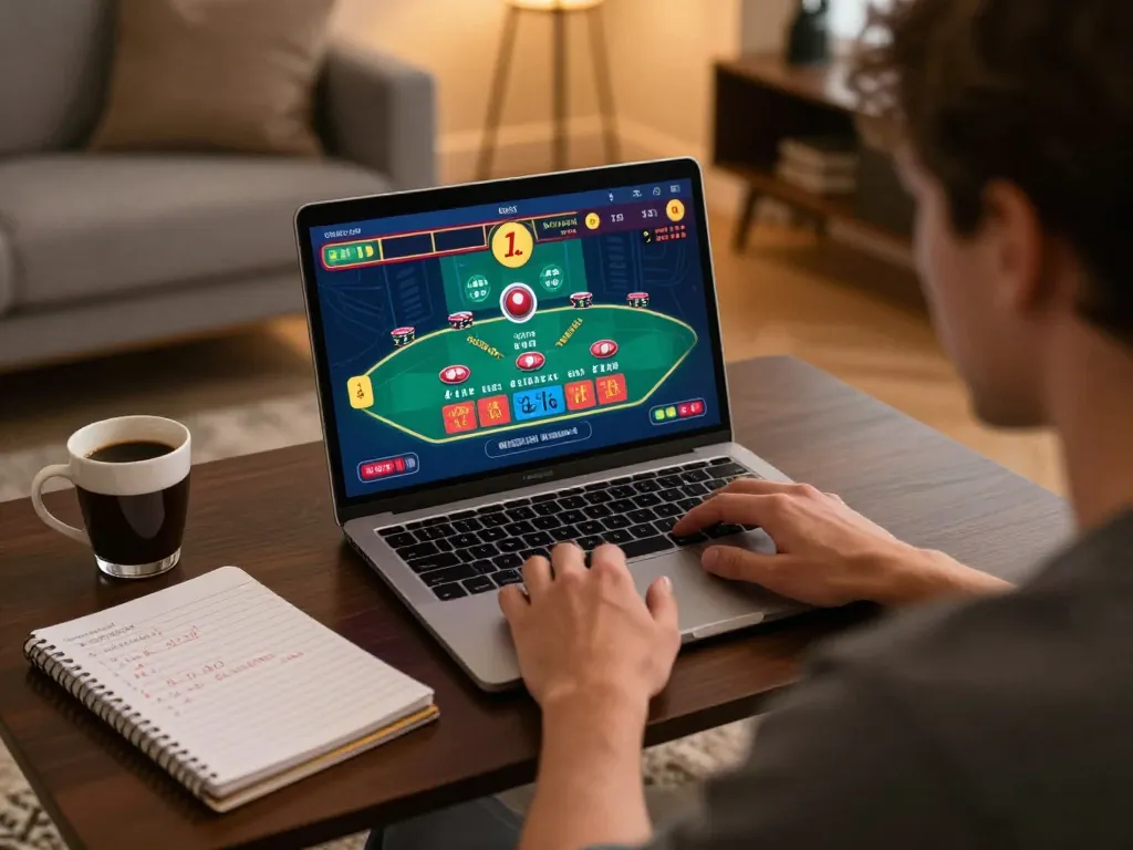 Player actively engaged in online blackjack session while reviewing nhacaiuytinn strategies in cozy home setup.