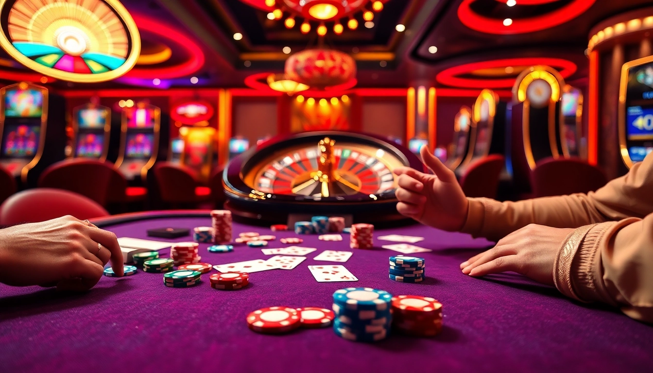 An exciting casino scene at https://mm88.bar/ with vibrant poker tables, roulette wheel, and colorful chips showcasing the thrill of winning.