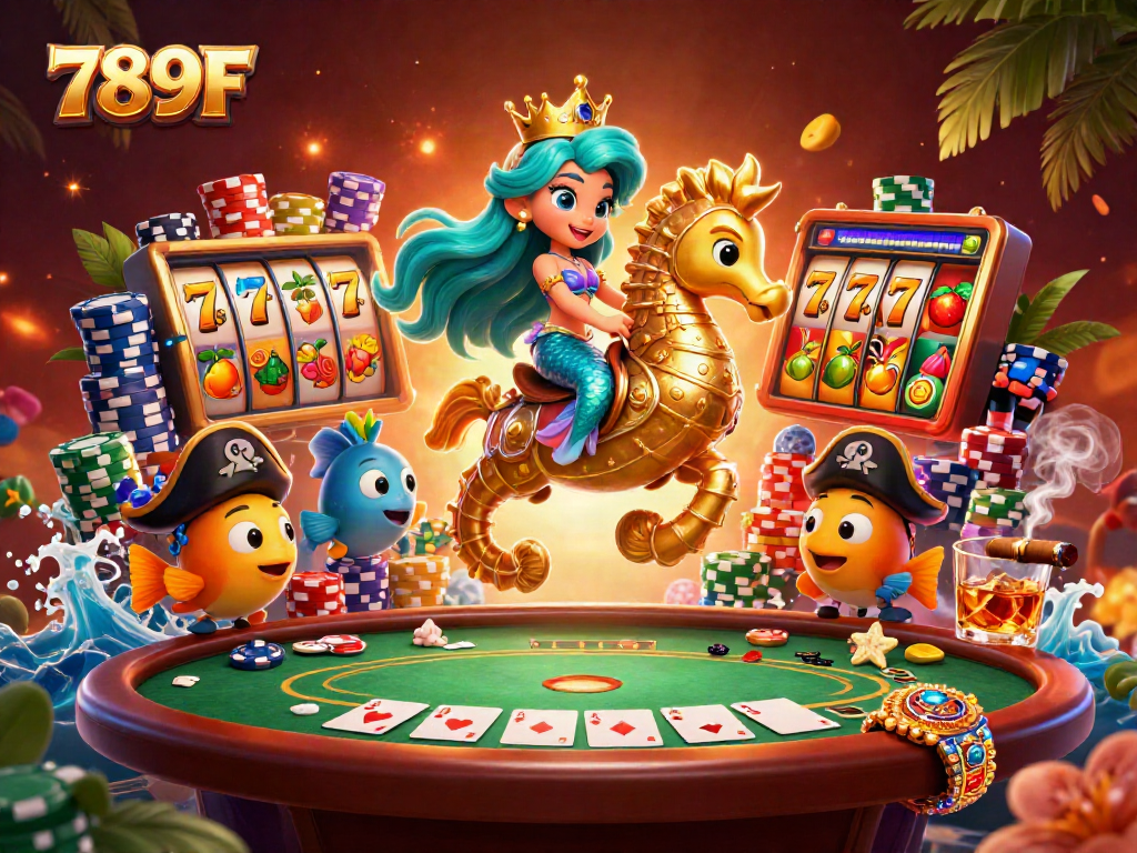 Experience thrilling fun with 789F at a vibrant underwater casino, featuring colorful characters and dramatic action.