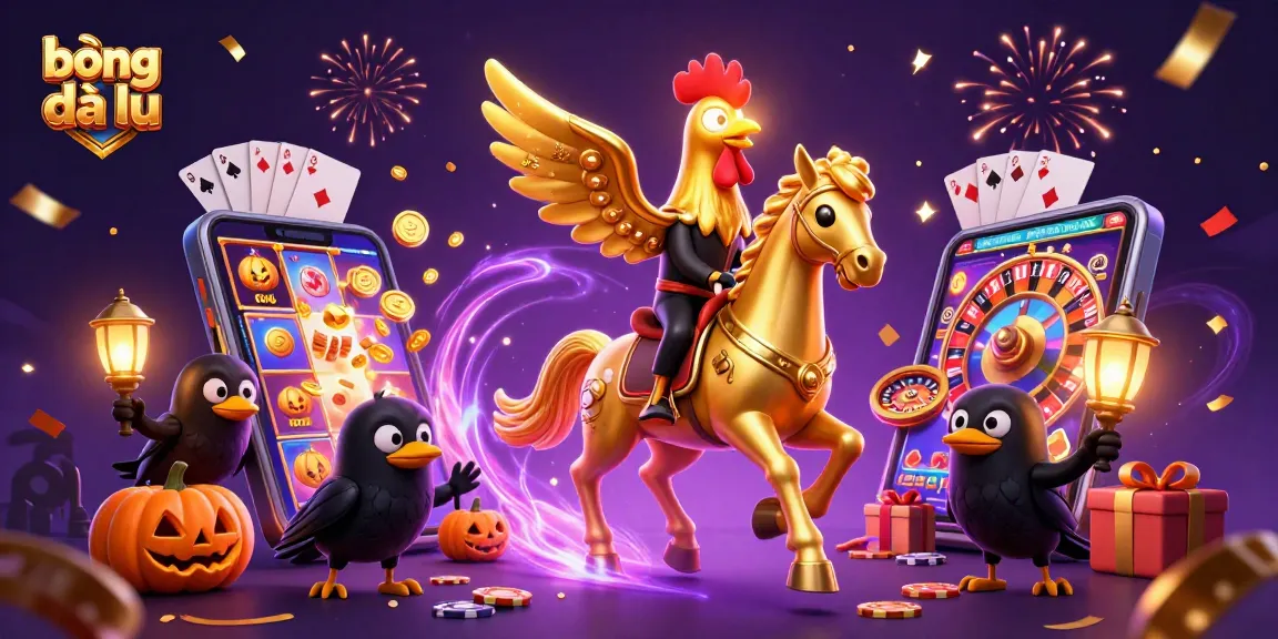 bóng đá lu interactive experience featuring a golden rooster headless horseman amidst vibrant casino elements