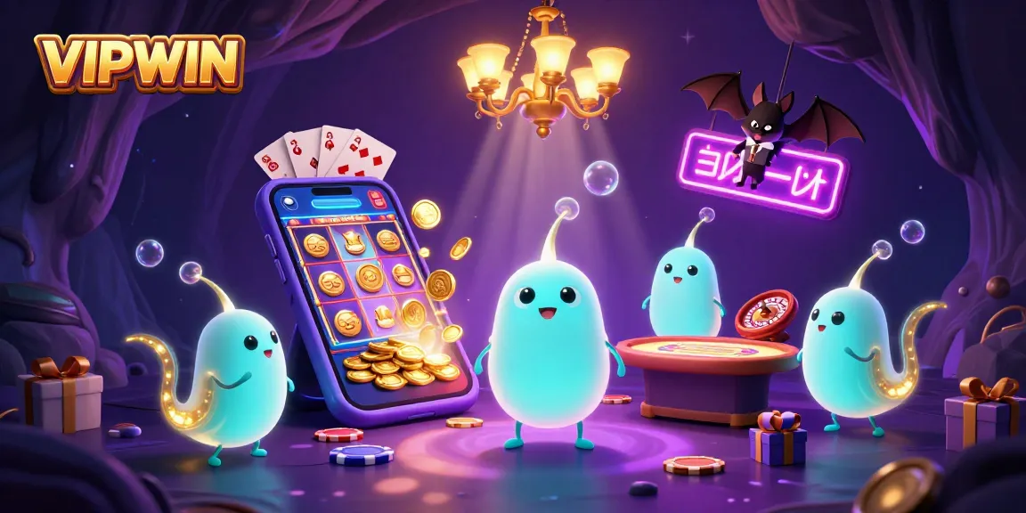 VIPWIN glowworms light up a vibrant casino scene with spinning reels and a bat dealer.