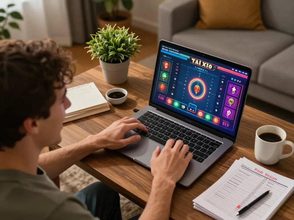 Engaging in tài xỉu online gaming from home with a laptop setup, showcasing betting excitement.
