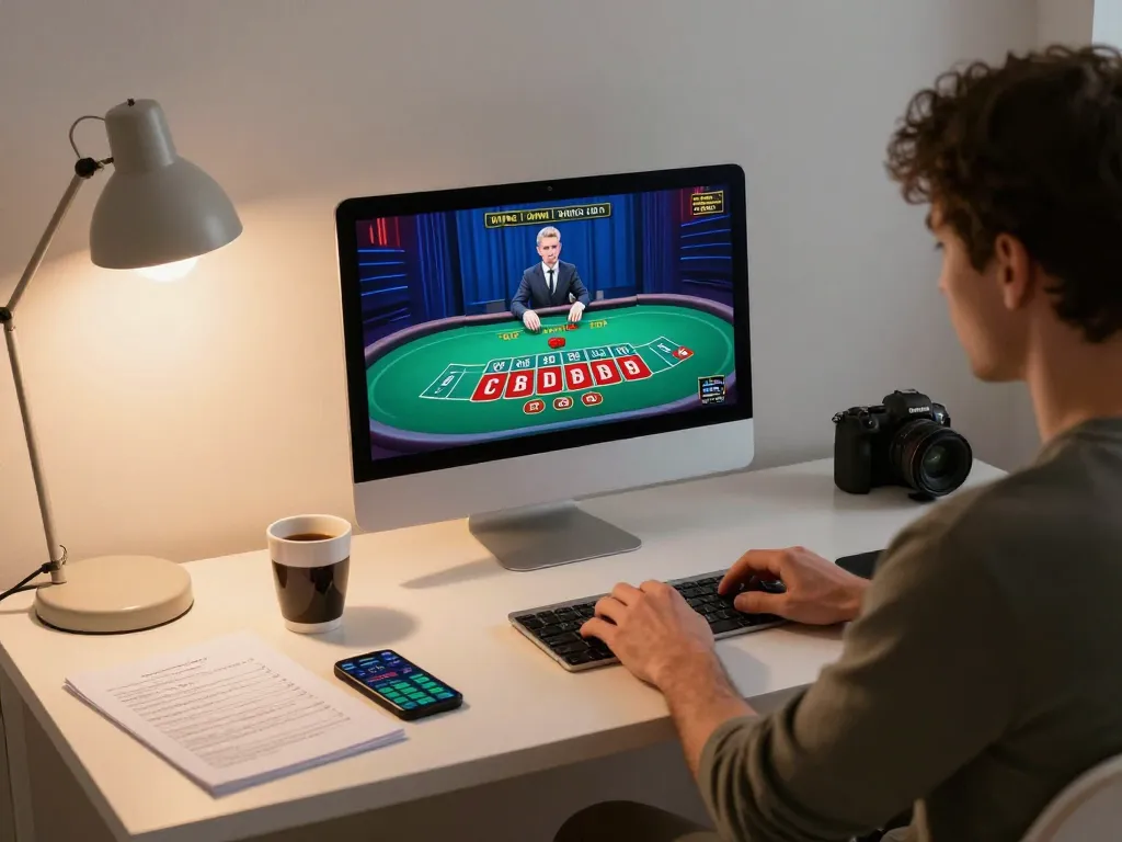 Daga player enjoying strategic baccarat game on laptop at home setup with warm lighting.