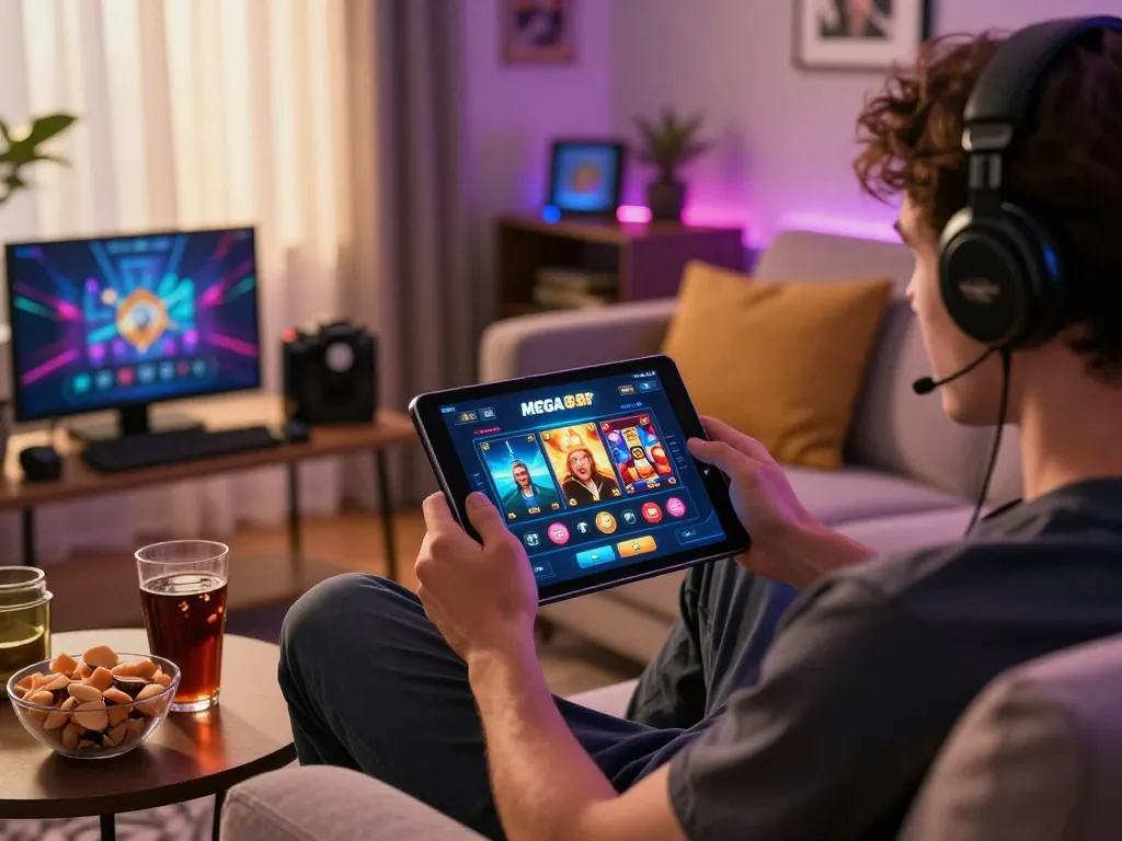 Player enjoying Mega888 APK on a tablet in a cozy living room, immersed in mobile gaming.