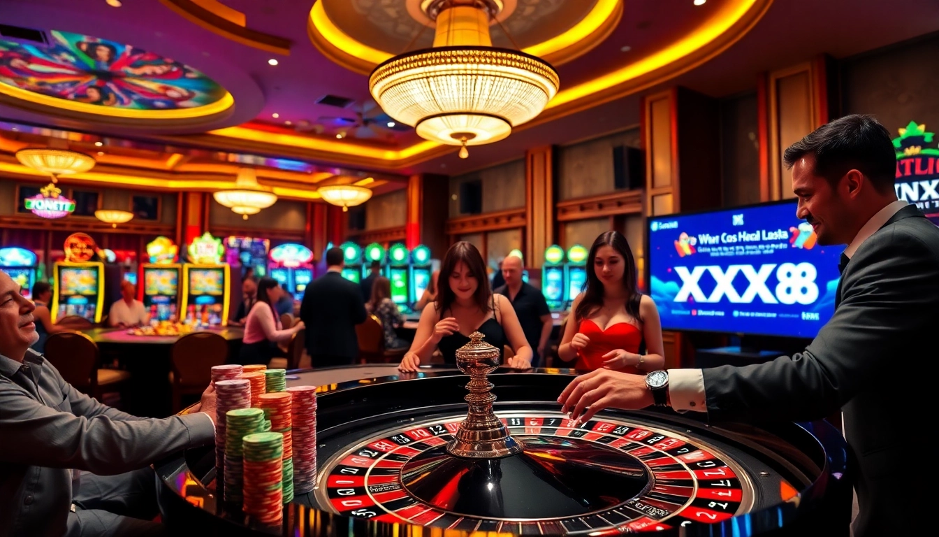Exciting casino atmosphere with players enjoying games at nhà cái XX88, featuring roulette and poker.