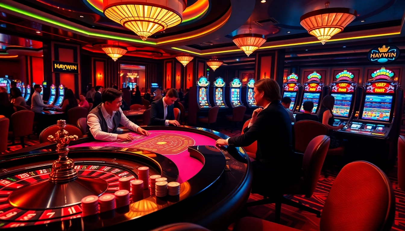 Haywin casino with vibrant gaming tables, enthusiastic players, and luxurious decor showcasing thrilling gambling action.