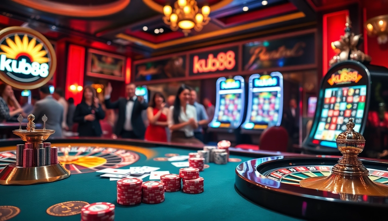 Exciting gameplay at ku88's vibrant casino, showcasing poker chips, cards, and a spinning roulette wheel.