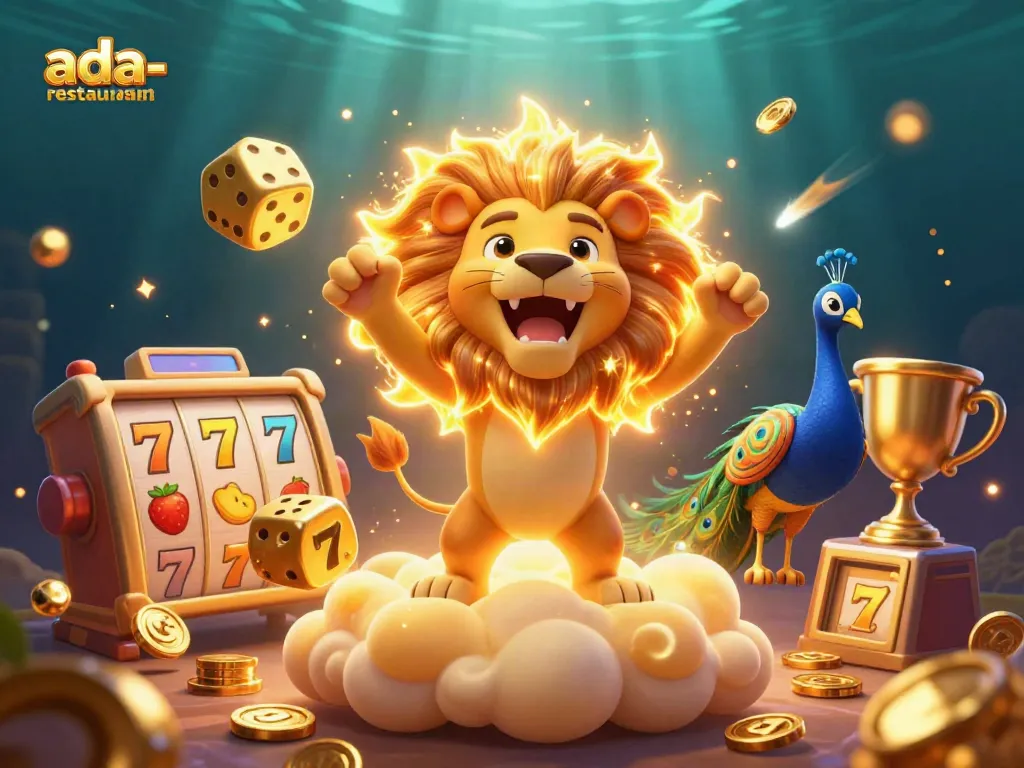 Spin to win at ada-restaurant with thrilling slot reels and lucky 7s in this vibrant casino illustration.