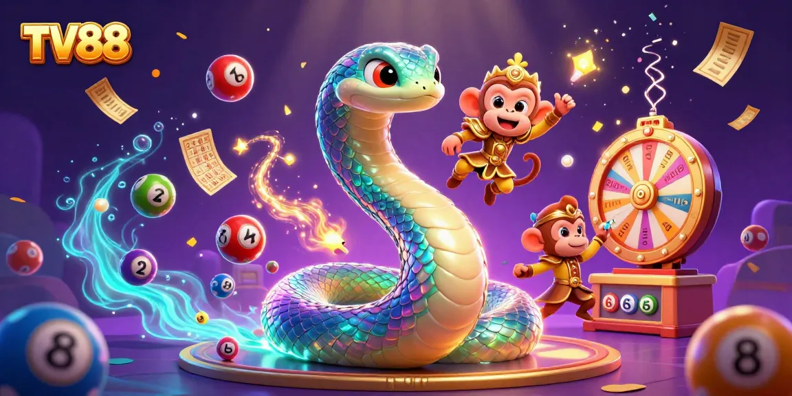 Experience the exhilarating casino world of TV88 with vibrant elements like lottery balls and a playful monkey king.